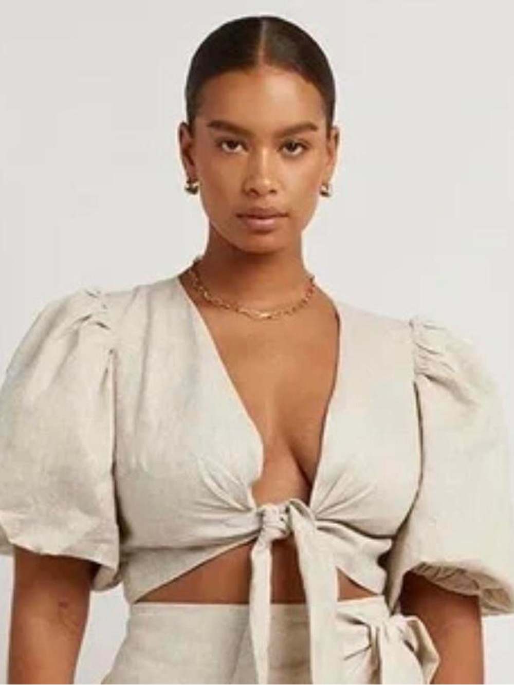 Dissh linen puffy sleeve cropped top with a tie